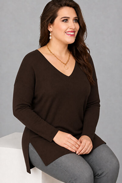 Curvy Trend Μπλούζα μεγάλου μεγέθους με λαιμόκοψη V, μακρύ μανίκι και πλαϊνό ...