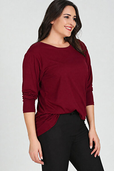 Curvy Trend Büyük Beden Sırt Çapraz Pul Şerit Uzun Kol Bluz Bordo
