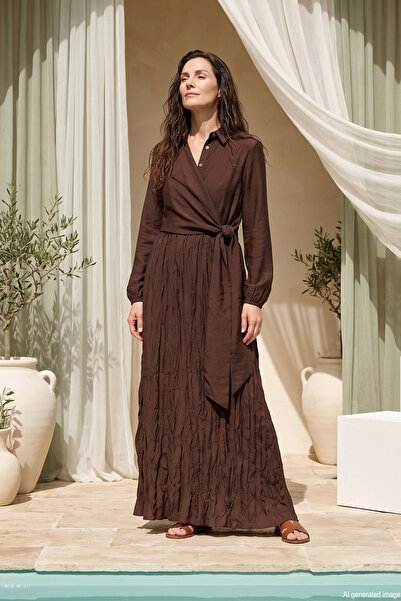 Ceremony Waist-Tied Nile Dress with Latik Detail on the Sleeves 747 Brown