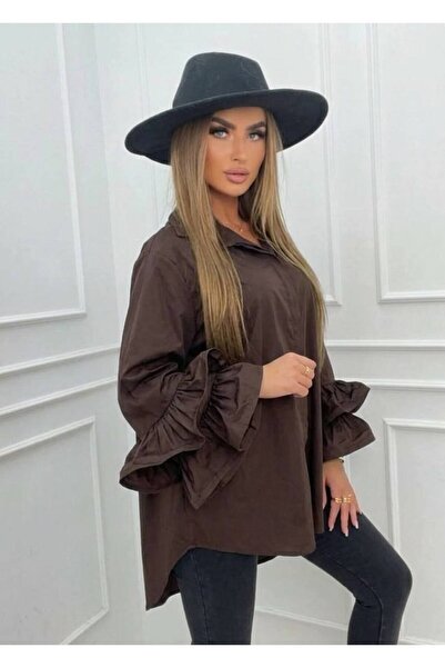 GLAMSI Cămașă amplă din bumbac 100% Ilinca - Maro închis