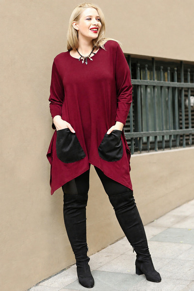 Curvy Trend Plus Size Leather Pocket Slit Long Sleeve Tunic Burgundy