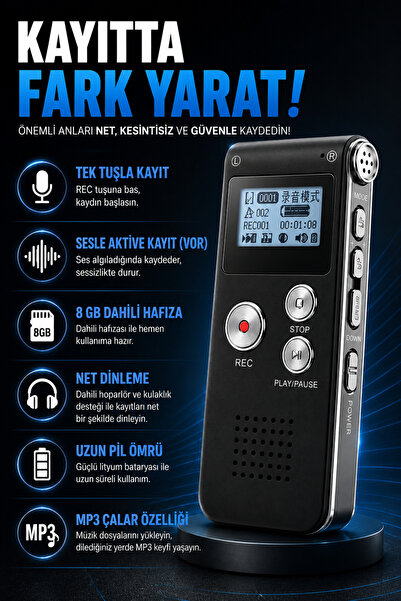 beemen 8 GB Dijital Ses Kayıt Cihazı VOR Sesle Aktive Kayıt MP3 Çalar Harici Mikrofon