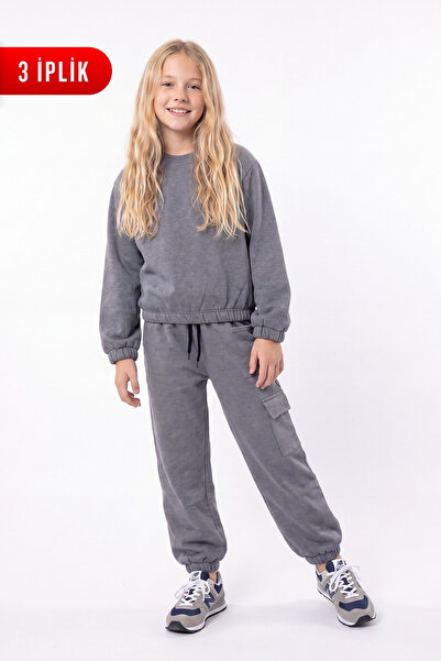FYK KİDS 3 Thread Girls' Plain Low Waist Sweatshirt Crew Neck Sweatpants Set