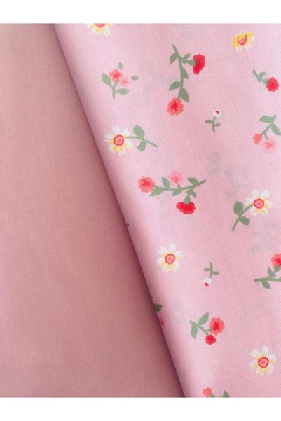 seyranat 2 Pieces, Width 50 Cm, Pink Floral, Plain Powder Cotton Fabric for Hobby Projects