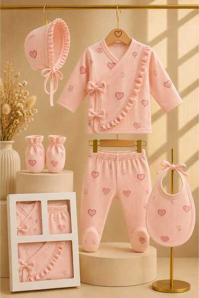 LİLİYUM Baby Girl 5-Piece Hospital Discharge Set 100% Cotton Heart Patterned ...