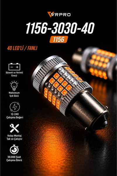 vr pro 1156 40 Ledli Turuncu Fanlı Isınmaz P21W Ultra Güçlü Işık Tey Duy Geri...