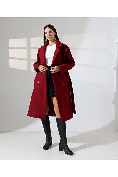 MetuCA Women's Burgundy Belted Double-Breasted Wide Collar Oversize Cashmere ...