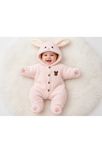 casa nexa Powder Pink Plush Baby Jumpsuit with Rabbit Ears, Hood and Paw Deta...