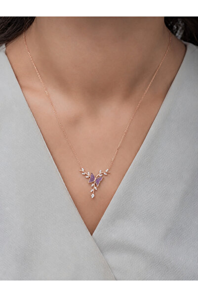 Karem Jewellery Butterfly on the Branch Gift Special Design Butterfly Rose Plated Medium Purple Stone Stylish & Elegant Stone Adjustable Women's Necklace