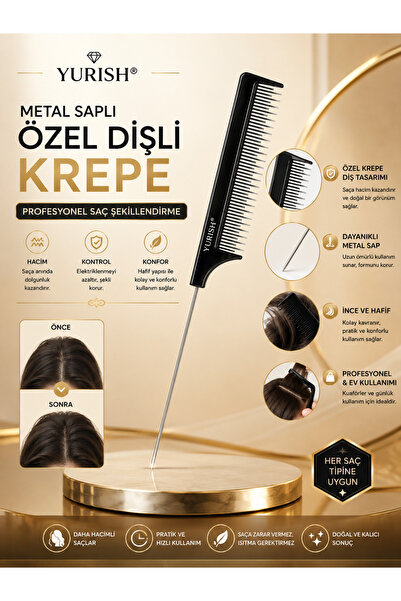 YURISH Profesyonel Metal Saplı Özel Dişli Krepe Tarağı , Kuaför Tarağı