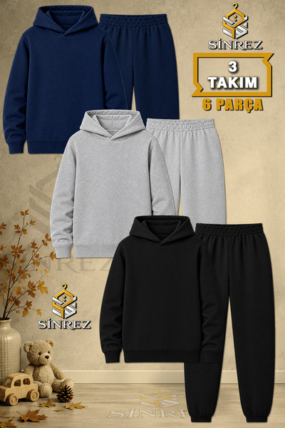 SİNREZ Children's Unisex 3Lu Plain Printed Hooded Tracksuit Set