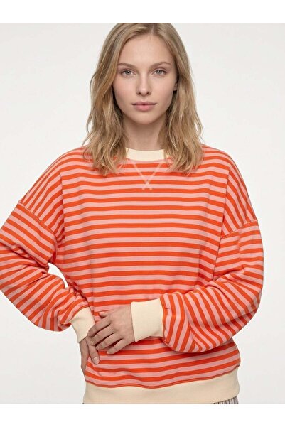 Cupla Women's Striped Ribbed Oversize Sweatshirt Orange Pink