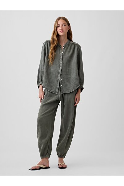 GAP Kadın Haki Pamuk Gauze Barrel Jogger Pantolon