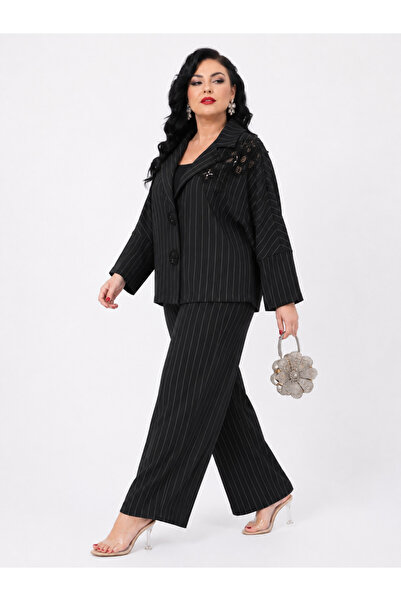 DARKWIN Plus Size Striped Floral Embroidered Blazer Jacket Loose Wide Leg Wom...