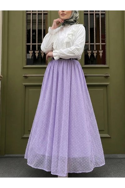 Lunsera Store Pıtırcık Fabric Belted Lined Long Skirt -Lilac