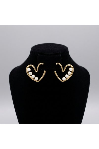 Prizma Concept Women's Gold Color Elegant Pearl Detailed Heart Design Half Hoop Earrings - Minimal Aesthetic Stylish Daily & Gift Jewelry Accessory