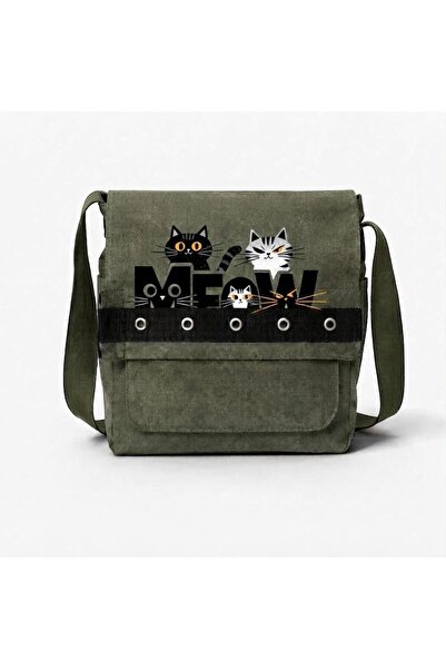 nesebutik Khaki Meow Printed Round Eyelet Messenger Bag