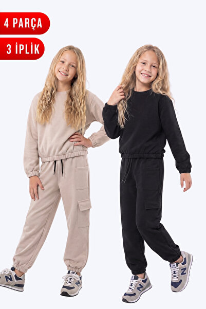 FYK KİDS 3 Thread Girls' Plain Low Waist Sweatshirt Crew Neck 2-Piece Tracksu...