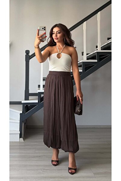 Oslove Bitter Brown Elastic Cuffed Satin Trousers