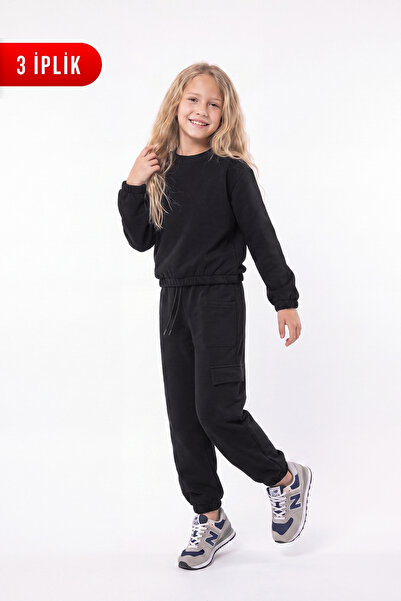 FYK KİDS 3 Thread Girls' Plain Low Waist Sweatshirt Crew Neck Sweatpants Set