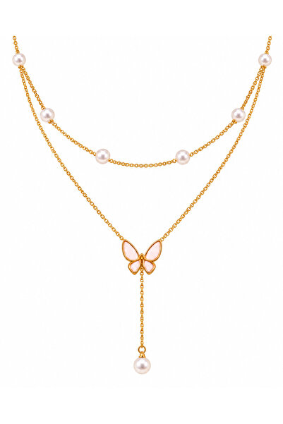 MAZBEE Pearl Butterfly Lariat Necklace for Women – 18K Gold Plated PVD Stainl...