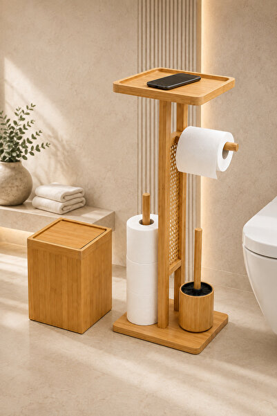 NEWNOW Bambu WC Seti Dikdörtgen Çöp Kovası Tuvalet Kağıtlıklı Fırçalık Banyo ...