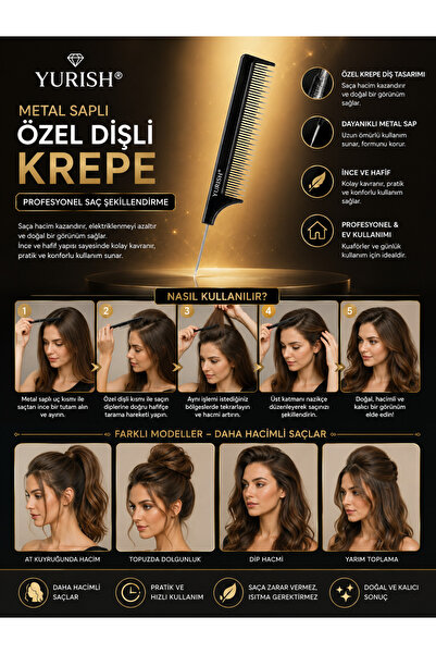 YURISH Profesyonel Metal Saplı Özel Dişli Krepe Tarağı , Kuaför Tarağı