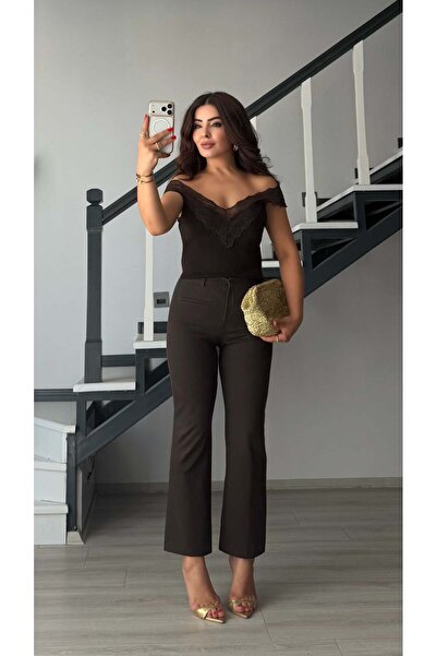 Oslove Bitter Brown Fabric Lycra Flare Pants