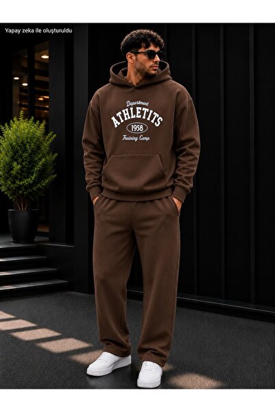 caddekombin Men's Athletics 1958 Department Printed Tracksuit Set / Hooded Sw...