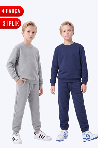 FYK KİDS 3 Thread Flat Boys' Double Pocket Crew Neck 2-Piece Tracksuit Set