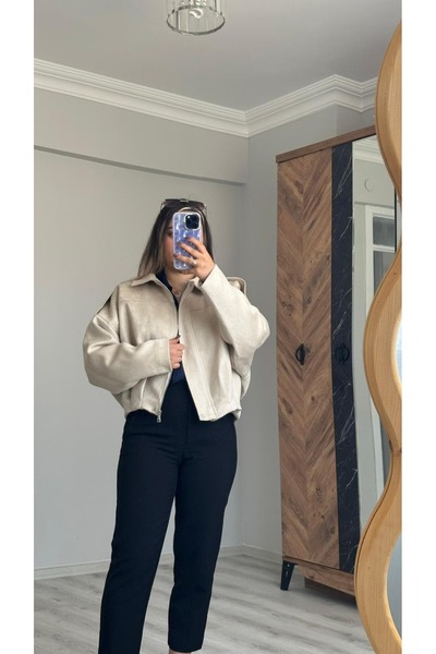 Butik Oversize Süet Görünümlü Fermuarlı Mont