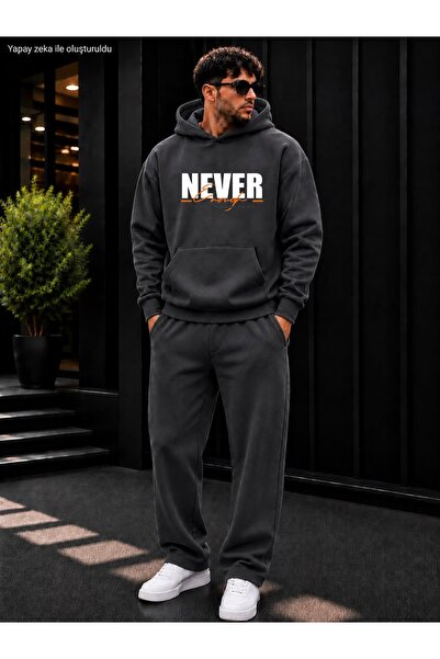 caddekombin Men's Never Enough Written Sweatpants Set / Hooded Sweatshirt wit...