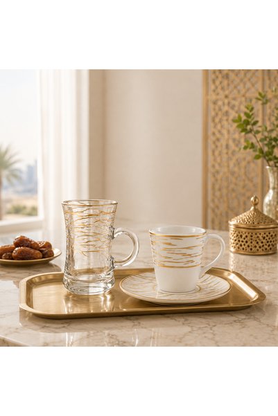 SAHABA Arabic Saudi Coffee Cups Set, Ceramic cups and mugs decorated with luxurious Arabic designs - 24 Pieces - Luxury Design for Hosting