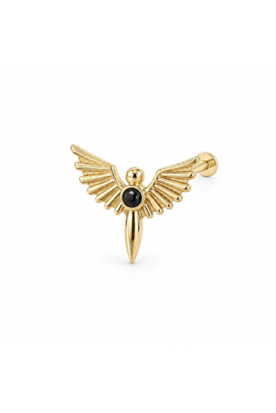 Giallo Lusso 14 Ayar Altın Siyah Taşlı Kanatlı Melek Model Tragus Piercing