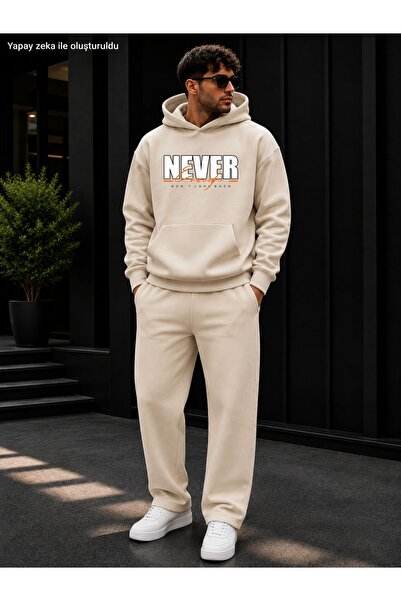 caddekombin Men's Never Enough Written Sweatpants Set / Hooded Sweatshirt wit...