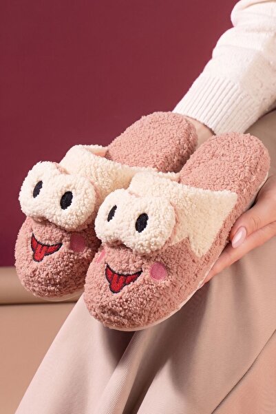 FUGA MODA Porty Powder Eye Detailed Frog Figured Women's Plush House Slippers