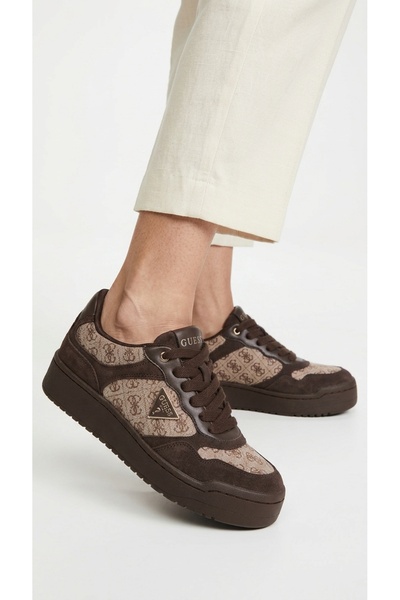 Guess Women's Sneaker Shoes Monogram Patterned Suede Detailed Lace-Up Thick S...