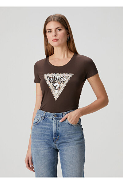 Guess Slim Fit Kahverengi İşlemeli Jersey T-shirt