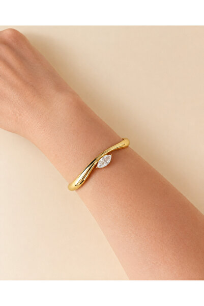 Reverie Atelier Kadın Gold Kelepçe Bileklik Markiz Zirkon Taşlı 14K Kaplama A...