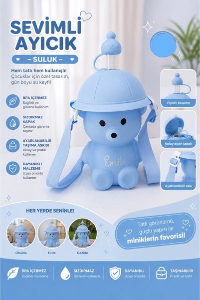 YDNE Smile Askılı Pipetli Çocuk Matarası Ayıcık Şapkalı Su Şişesi 800 ml