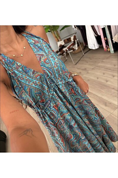 Butik Etnik Desenli Boyundan Bağlamalı Elbise