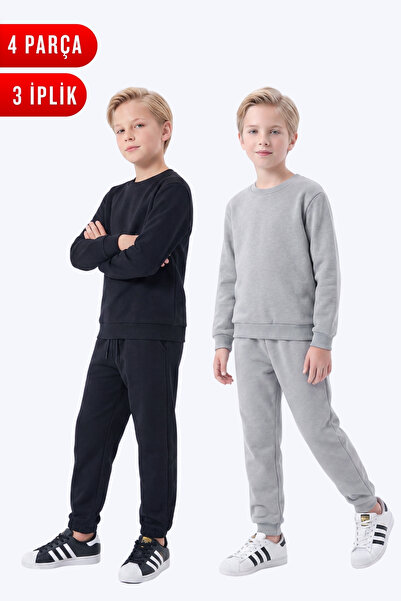 FYK KİDS 3 Thread Flat Boys' Double Pocket Crew Neck 2-Piece Tracksuit Set