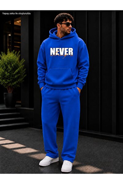 caddekombin Men's Never Enough Written Sweatpants Set / Hooded Sweatshirt wit...