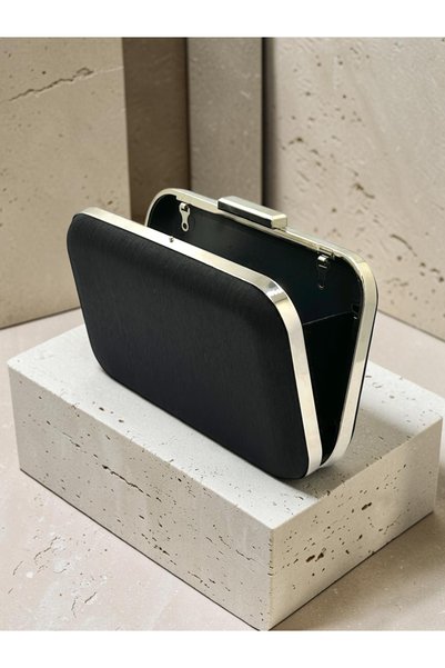 Biçanta Black Striped Satin Silver Detailed Crystal Stone Chain Strap Women's Evening Dress Bag Wedding Engagement Graduation