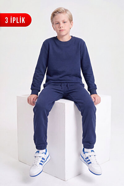 FYK KİDS 3 Thread Flat Boys' Double Pocket Crew Neck Sweatpants Set