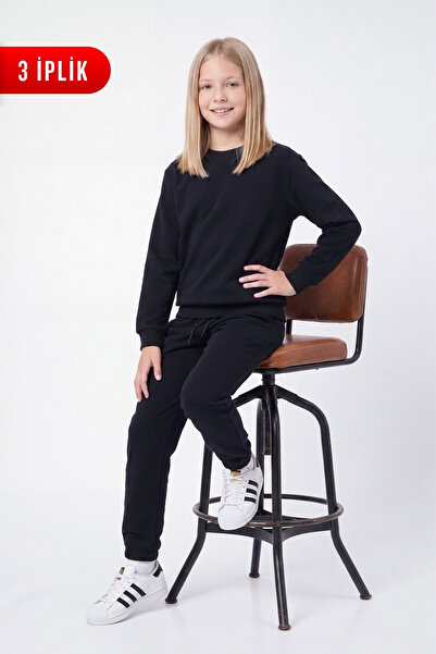 FYK KİDS 3 Thread Flat Girls' Double Pocket Crew Neck Sweatpants Set