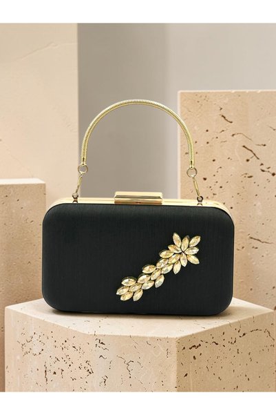 Biçanta Black Striped Satin Gold Detailed Crystal Stone Chain Strap Women's Evening Dress Bag Wedding Engagement Graduation