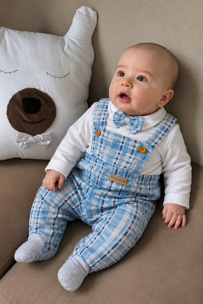 METEOR BABY Baby Boy Set with Bow Tie, Plaid Patterned 3-Piece Set, Salopet P...