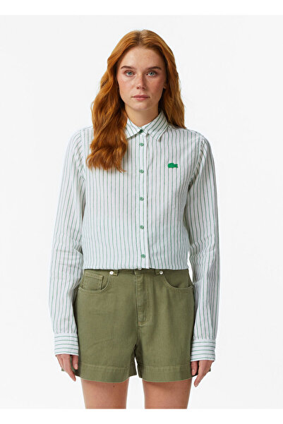 Lacoste Yeşil Çizgili Keten Relaxed Fit Uzun Kollu Kadın Gömlek