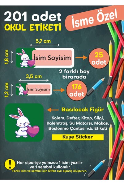 Okul Etiketi Kişiye Özel Okul Etiketi Kalem Defter Etiketi İsimli Sticker İsme Özel Okul Etiketi Sevimli Tavşan